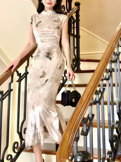 cheongsam new velvet new style printed dress evening gown       S5981
