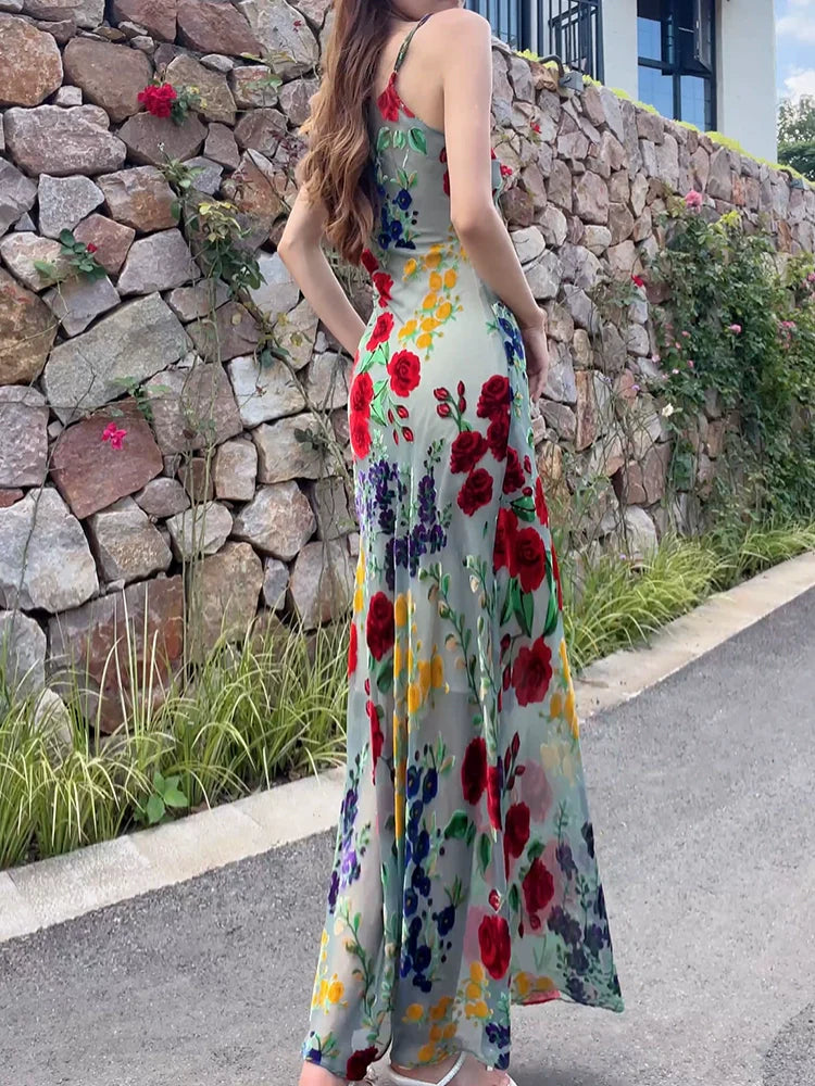 spaghetti straps flower dress new long party dress    S6055