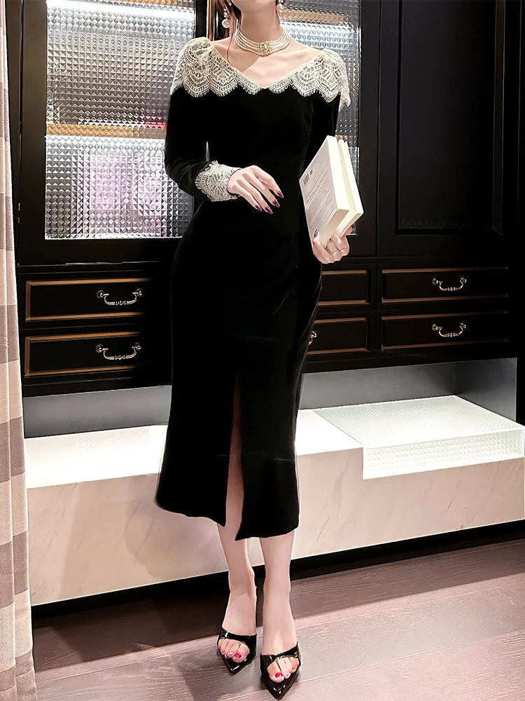 Black lace retro velvet long-sleeved dress banquet evening dress       S6163