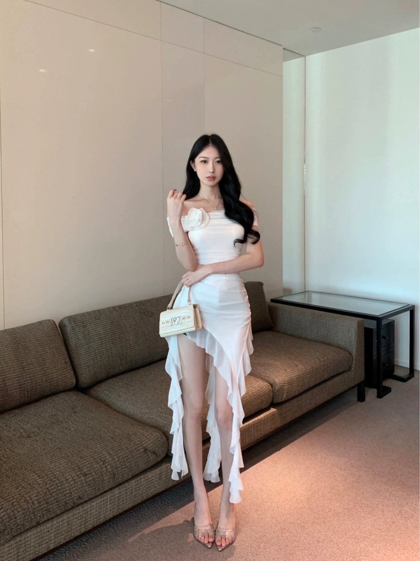 Off-shoulder strapless dress for women flower irregular party dress     S5902