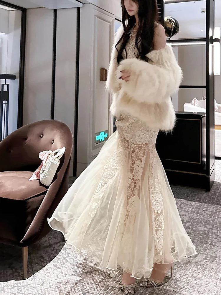elegant rose lace mermaid party dress      S6145