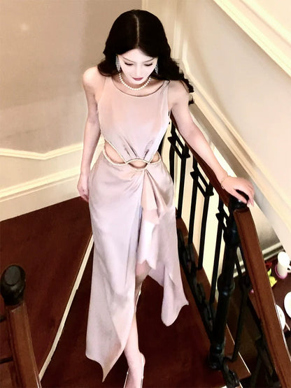 Pink Satin Pleated Long Birthday Party Dress Long Evening Gowns        S6014