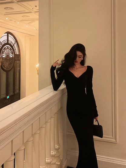 Black long-sleeved dress for women new party dress     S5641