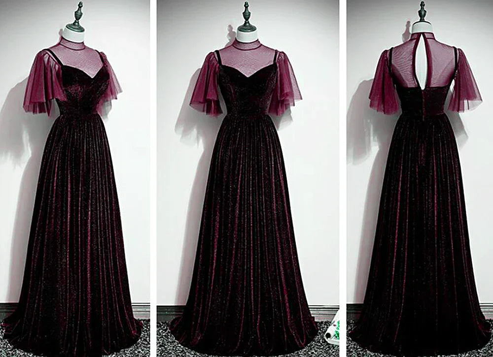 Velvet A-Line Long High Neckline Party Dress, Wine Red Long Bridesmaid Dress    S2563