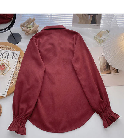 Collegiate lace up Lapel shirt casual long sleeve top     S2535