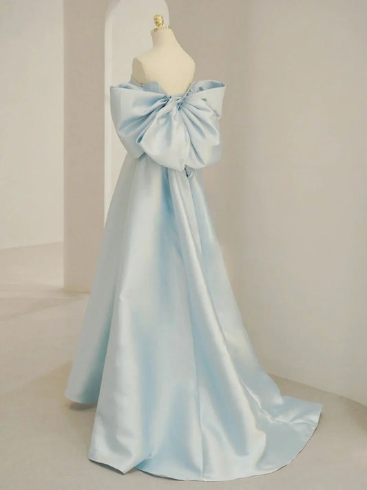 Blue A-Line Satin Long Prom Dresses, Blue Satin Evening Dresses      S3350