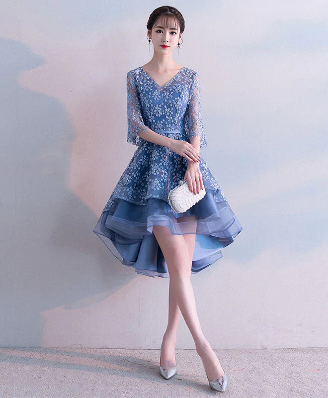 Blue V Neck Lace Short Prom Dress, Blue Lace Homecoming Dress     S3334