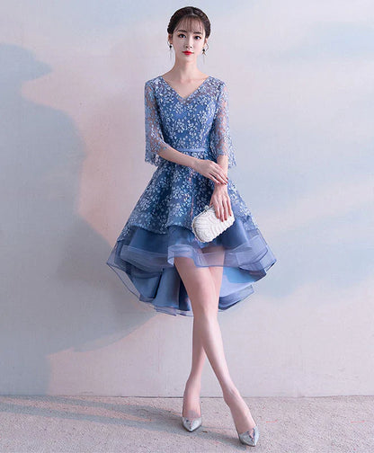 Blue V Neck Lace Short Prom Dress, Blue Lace Homecoming Dress     S3334