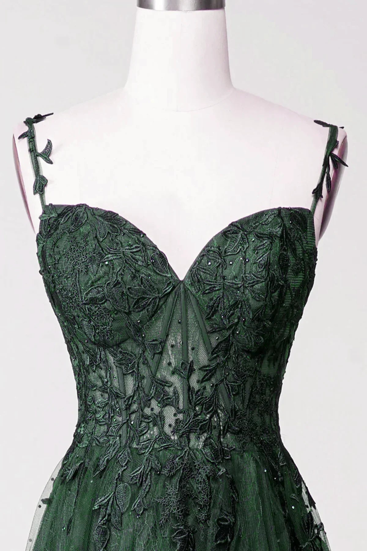 Dark Green Tulle With Lace Beaded Straps Prom Dress, Green Long Formal Dress Party Dress    S2559