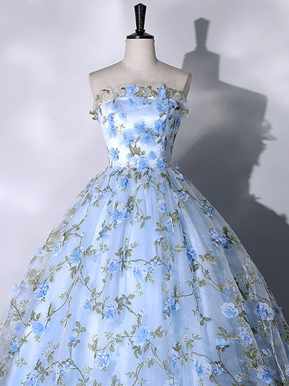 Blue Tulle Lace Long Prom Dresses Ball Gown Blue Sweet 16 Dresses