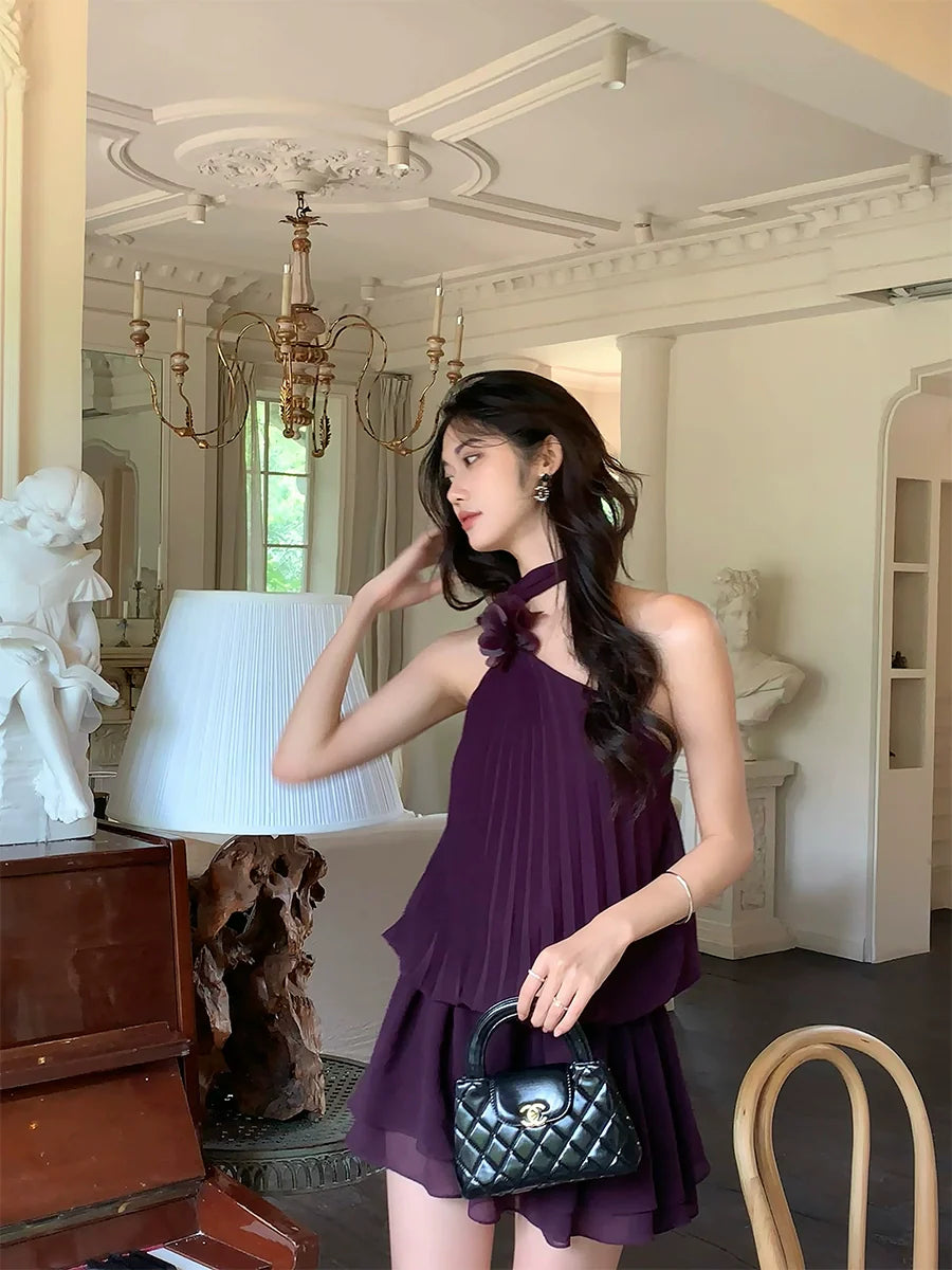 Purple halter neck dress summer party dress     S5725