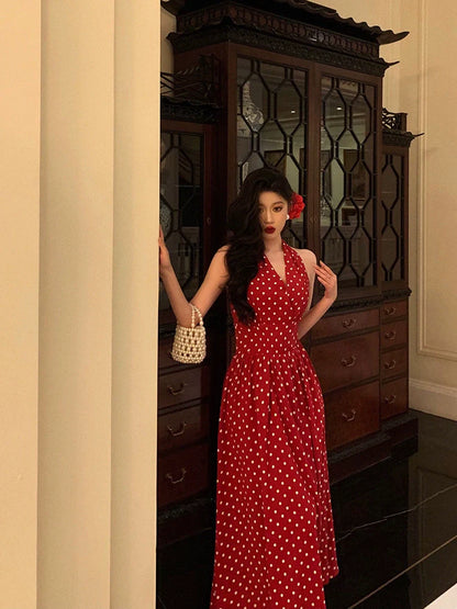 Hong Kong style halter neck polka dot dress new retro long dress party dress     S5540