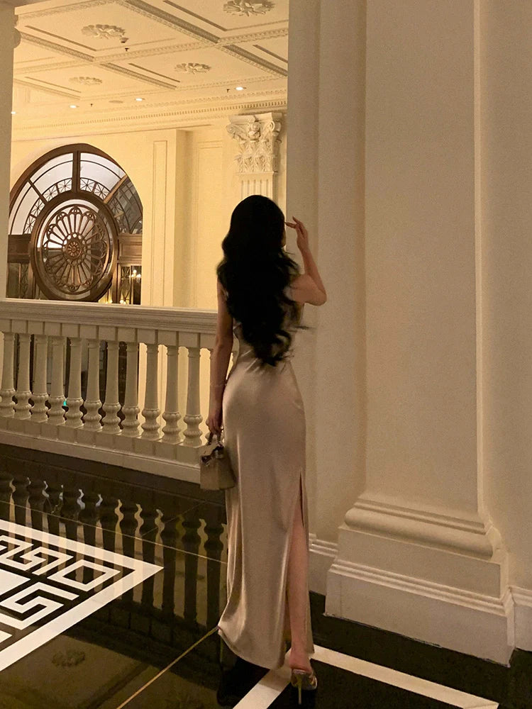 new style slit satin long dress party dress     S5704
