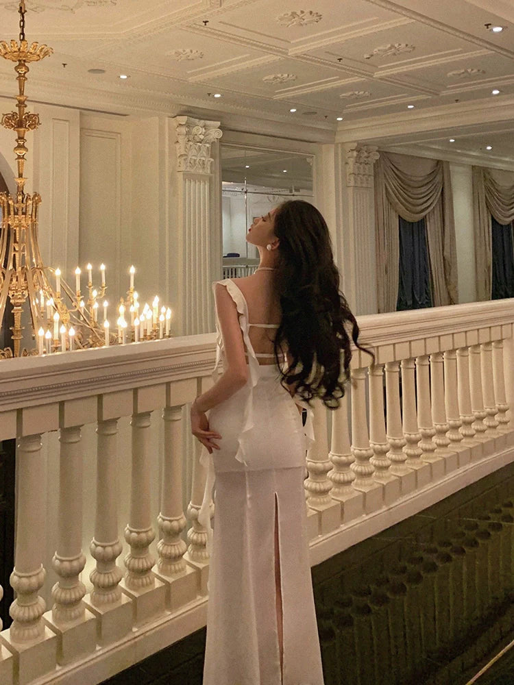 White satin suspender dress new ribbon backless split long party dress       S5681