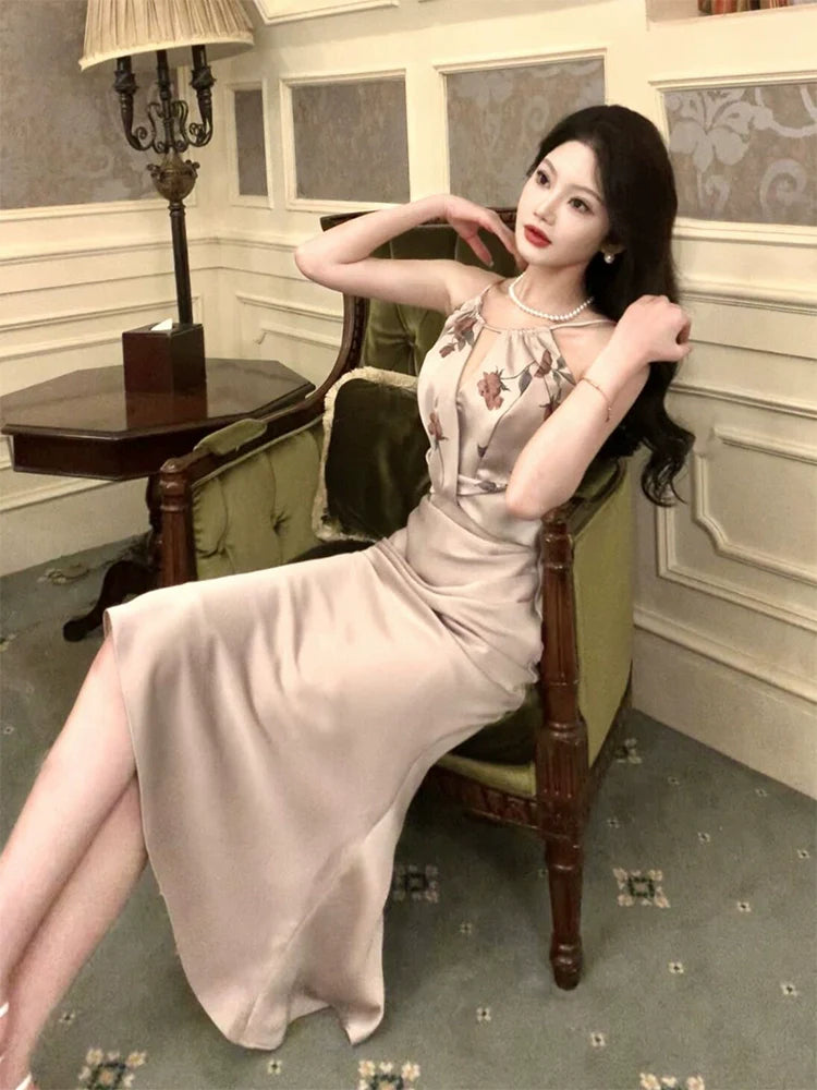 Satin printed mermaid dress long party dress      S6040