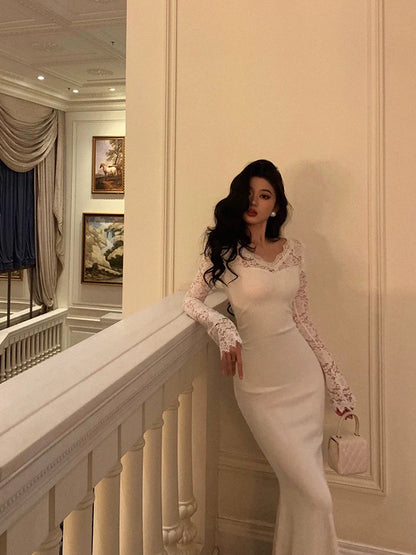 Lace splicing long-sleeved dress for women new style V-neck mermaid long dress      S5550