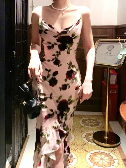 Retro flower dress for women suspender long dress       S6143