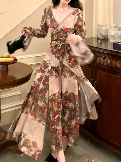 French retro printed dress layered long evening party dress     S5987