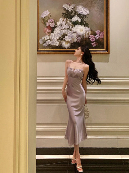 Purple satin suspender dress new mermaid party dress     S5699