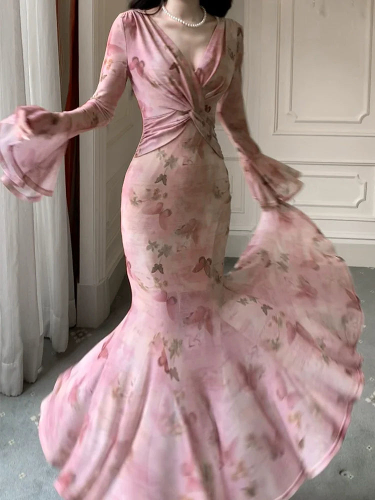 pink printed dress long sleeve mermaid Long Evening Gowns        S6015