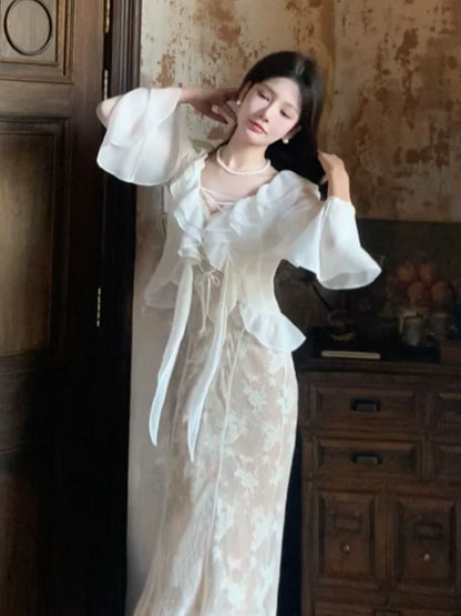 lace pleated suspender dress women's chiffon cardigan clothing suit   S6137