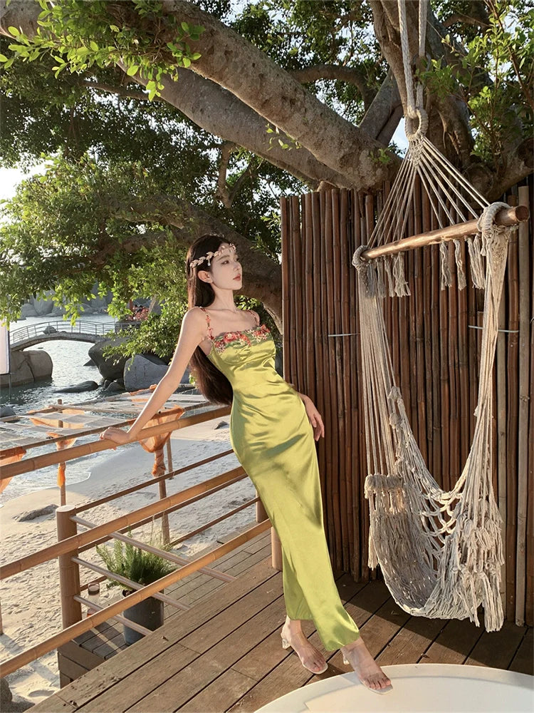Green long dress women's summer long party dress    S5864