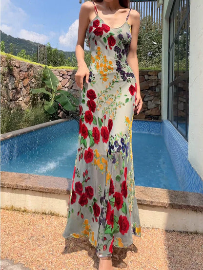 spaghetti straps flower dress new long party dress    S6055