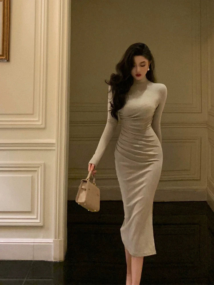 Gentle style long-sleeved knitted dress for women pleated party dress     S5587