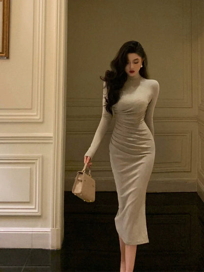 Gentle style long-sleeved knitted dress for women pleated party dress     S5587
