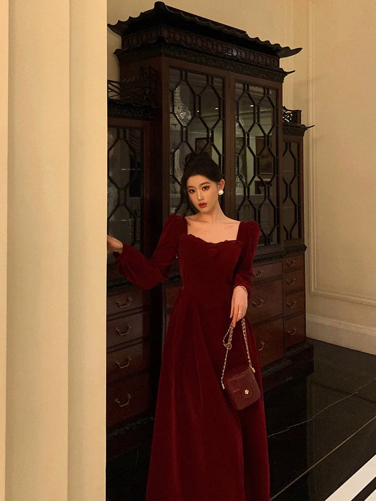 Red square neck velvet dress new French style party dress     S5663