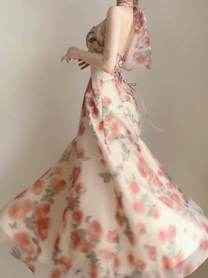 Birthday dress luxury seaside vacation halter neck suspender floral dress summer new style    S5841