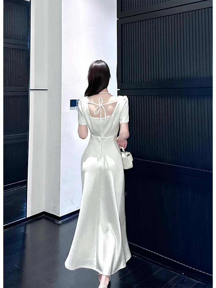 White short-sleeved dress elegant engagement dress satin long dress    S5953