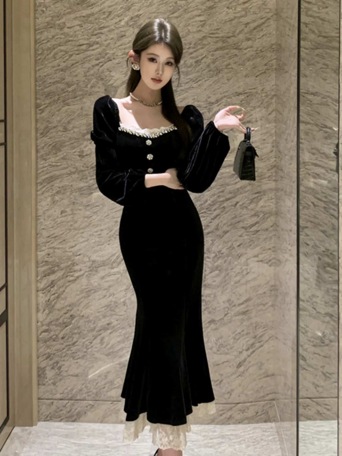 Black velvet dress for women winter birthday dress party dress      S5877