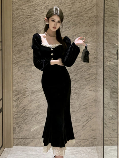 Black velvet dress for women winter birthday dress party dress      S5877