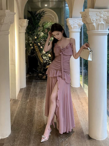 pink v-neck sexy suspender dress for women summer new slit long party dress      S5810