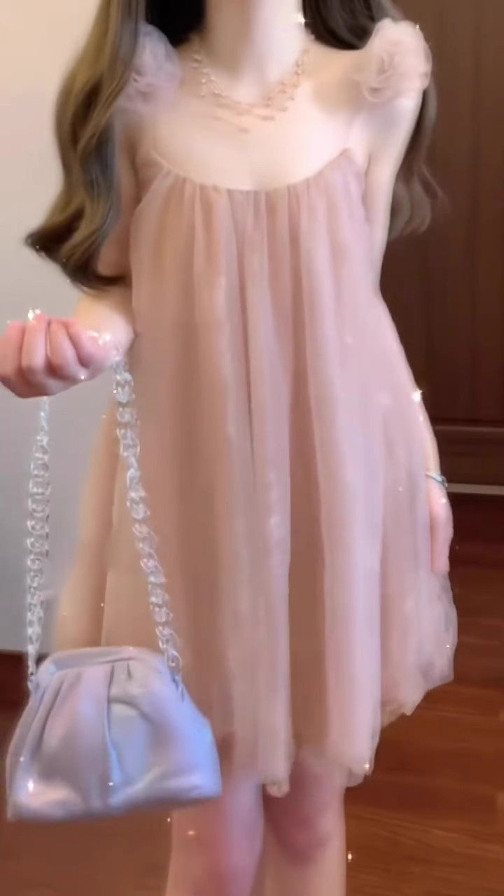 Gentle temperament pink mesh suspender dress high-grade loose A-line short skirt R0820