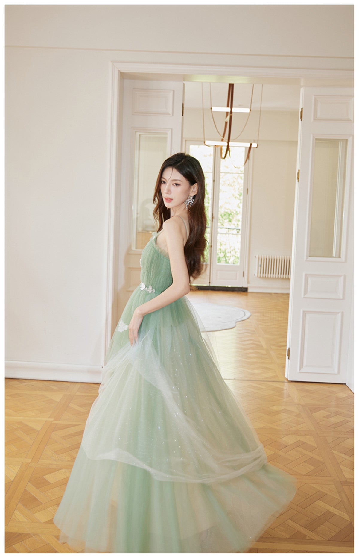 Green Tulle Straps Long Prom Dress, Light Green A-line Floor Length Party Dress