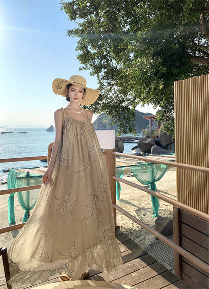 Retro printed suspender dress gentle temperament A-line long skirt R0660