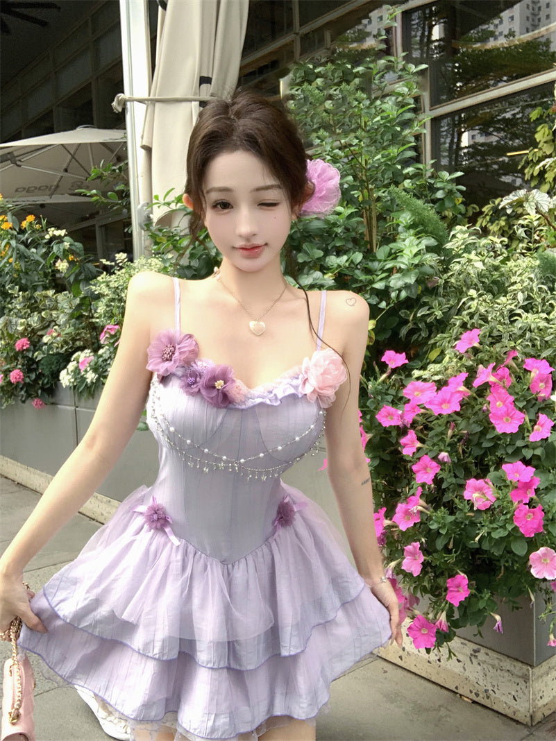 Purple suspender dress 2025 new style waist slim cake short skirt R0667