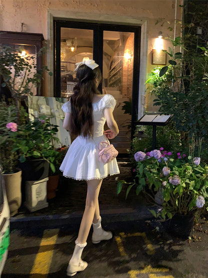 2025 new white short skirt women's French square neck puff sleeve dress waist slimming R0119