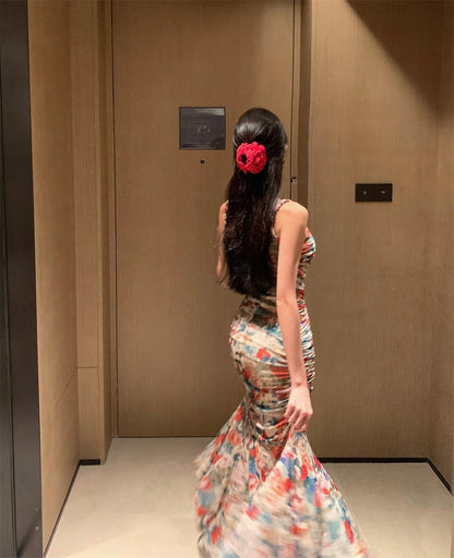 Retro floral suspender dress beautiful waist hip skirt R0657