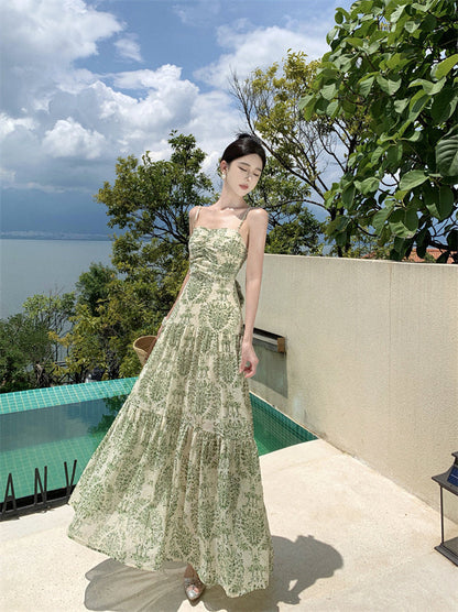 Tea break French holiday print suspender dress super fairy sweet temperament high-end beach dress R0189