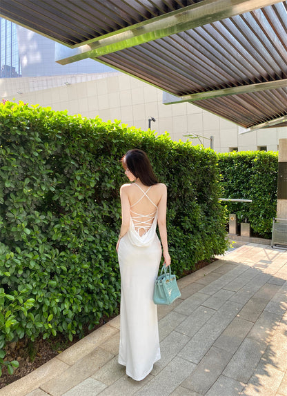 Sexy white hollow suspender dress with elegant waist and slim fit R0598