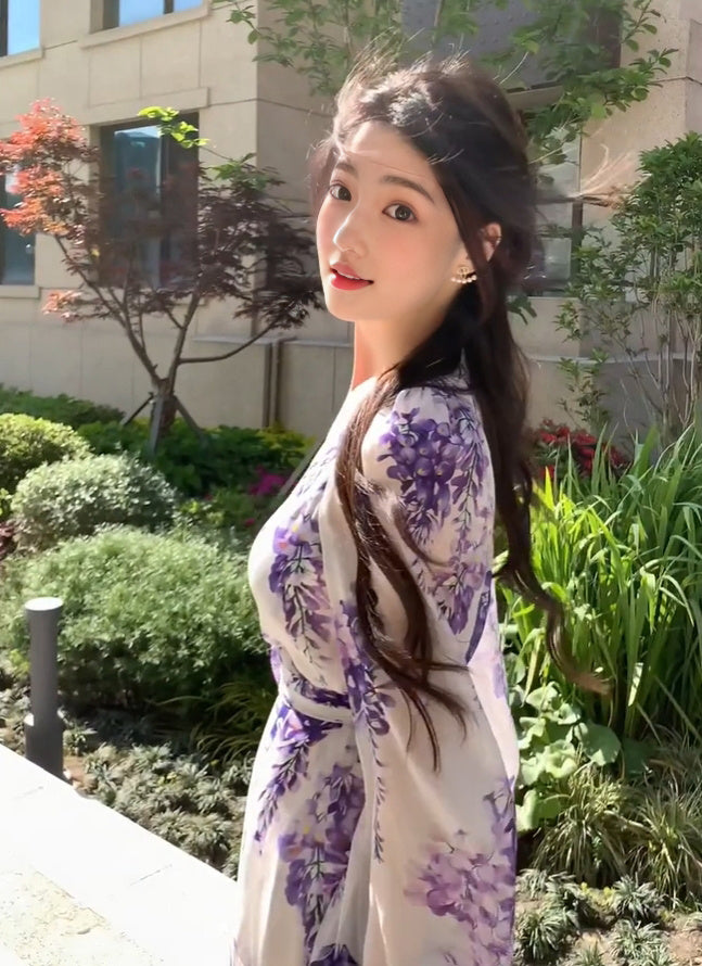 Floral dress new style waist temperament seaside holiday temperament long skirt R0680
