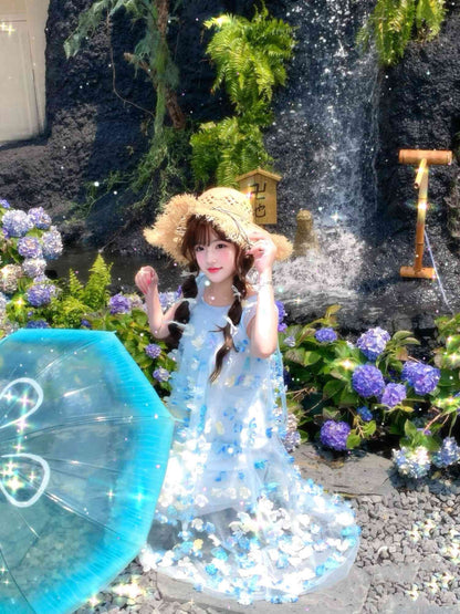 Gentle and sweet style blue flower short-sleeved dress holiday style A-line long skirt R0721