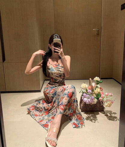 Retro floral suspender dress beautiful waist hip skirt R0657
