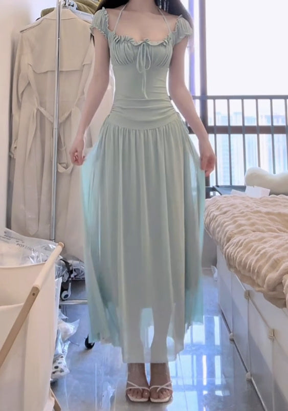 Mint green halter dress with waist and beautiful small skirt R0569
