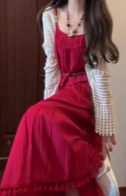 Retro red suspender dress holiday style temperament waist A-line long skirt R0682