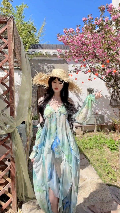Blooming floral halter dress holiday style beautiful dress R0716