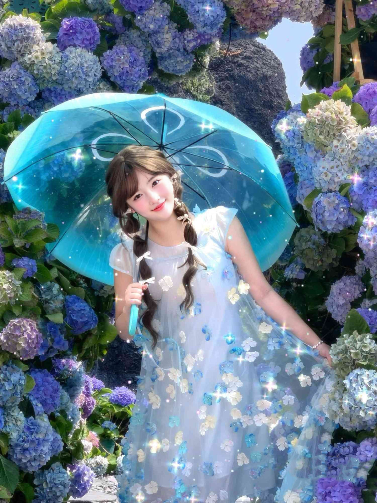 Gentle and sweet style blue flower short-sleeved dress holiday style A-line long skirt R0721